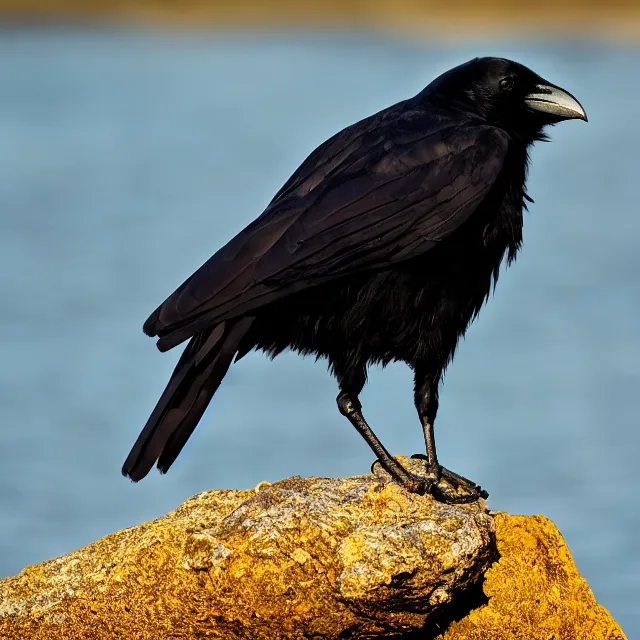 Prompt: crow on a rock, nature photography, wildlife photography canon, sony, nikon, olympus, 4 k, hd, telephoto, award winning, depth of field, golden hour