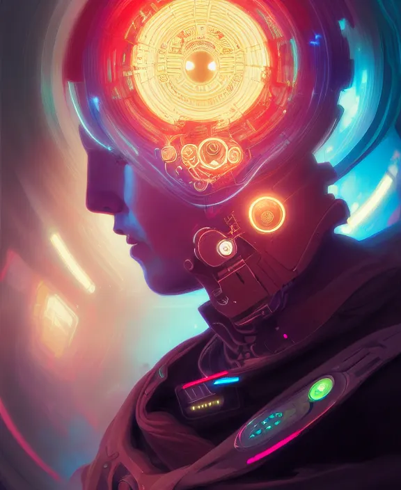 Image similar to a whirlwind inside the metaverse, guy, male, man, hologram, half body, neurochip, android, cyborg, cyberpunk face, by loish, d & d, fantasy, intricate, elegant, highly detailed, colorful, digital painting, artstation, concept art, art by artgerm and greg rutkowski and alphonse mucha