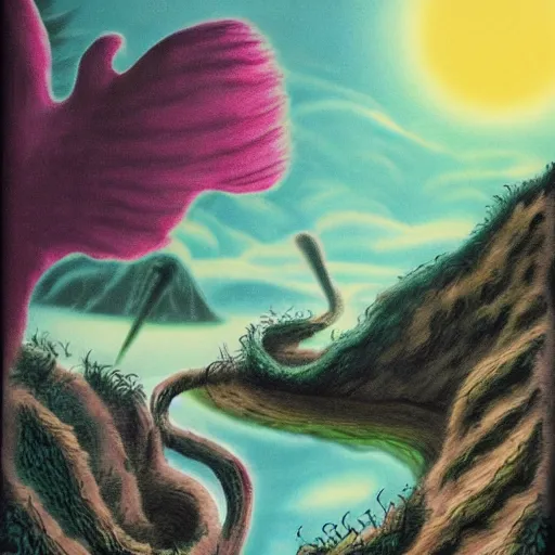 Prompt: emo fantasy painting of a landscape by dr seuss | horror themed | creepy
