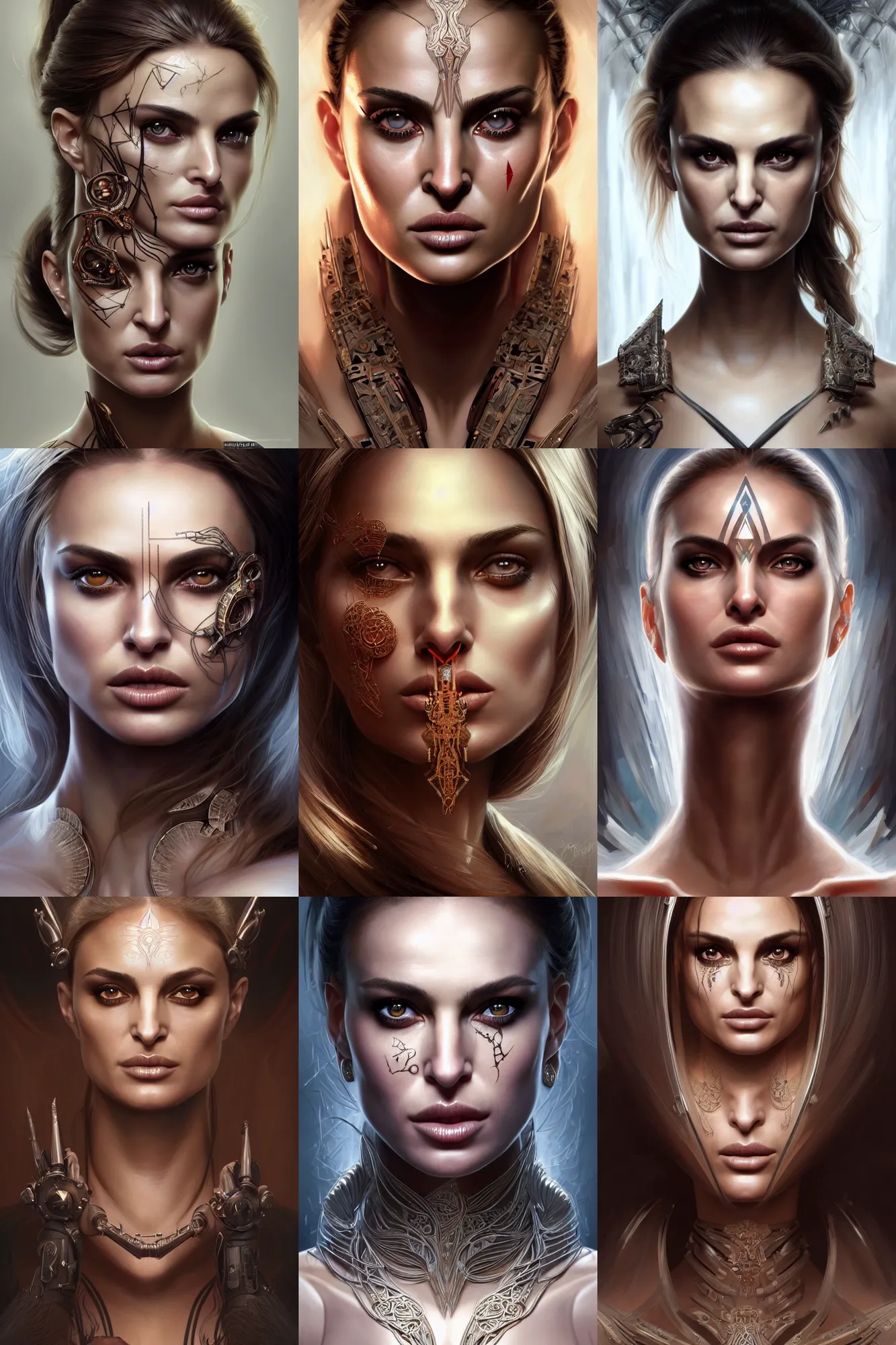 Prompt: symmetry!! portrait of a woman who resembles a mix of carmen electra and natalie portman in the style of god of war, machine parts embedded into face, intricate, elegant, highly detailed, digital painting, artstation, concept art, smooth, sharp focus, illustration, art by artgerm and greg rutkowski and alphonse mucha, 8 k