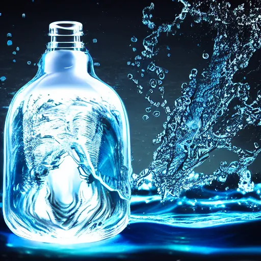 Image similar to water art manipulation in the shape of a human head in a bottle shape, on the ocean water, futuristic, glowing, hyper realistic, ray tracing, realistic water splashes, sharp focus, long shot, 8 k resolution, cinematic, photoshop water art