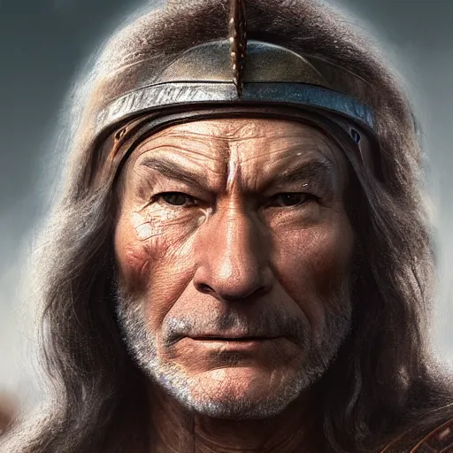 Prompt: a highly detailed matte portrait of patrick stewart as conan the barbarian, art by john collier and albert aublet and krenz cushart and artem demura and alphonse mucha, volumetric lighting, octane render, 4 k resolution, trending on artstation, masterpiece