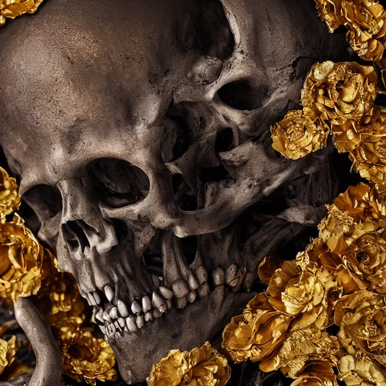 Image similar to A beautiful oil painting hyperrealism of a decayed black skeleton head, rotting black clay skin, bones, close up, gold flowers, gold floral headdress, 8k resolution, octane render