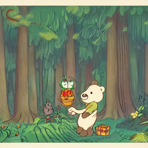 Image similar to magical forest, bear, trees, honey, 1 9 2 0 s cartoon, rubber hose, fleischer studios, portrait, merry melodies, sharp focus