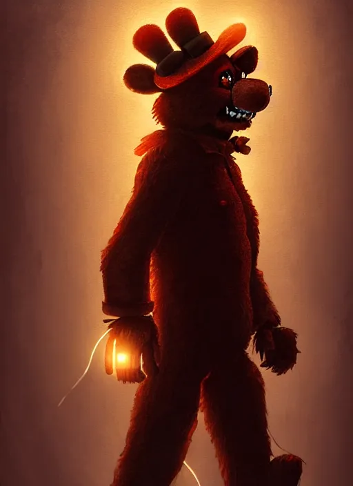 Image similar to freddy fazbear, intricate, elegant, glowing lights, highly detailed, digital painting, artstation, concept art, sharp focus, illustration, art by wlop, mars ravelo and greg rutkowski