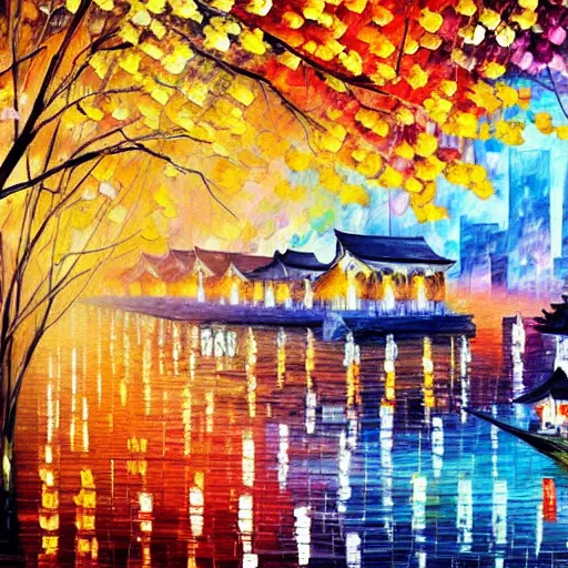 Prompt: the abstract painting of a panorama of shanghai full of sakura illustration by leonid afremov