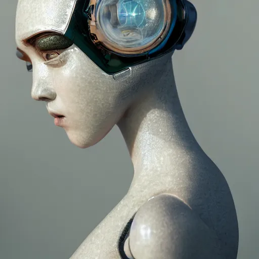 Prompt: beautiful Fine art photography of a contemplative solarpunk part robot mostly human girl with real human face, expressive eyes, white background, highly detailed, medium shot, photorealism, sun lighting 8k