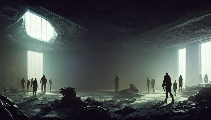 Image similar to high tech nomands exploring abandoned laboratory on mars, scifi, dark scifi, space horror, light, shadows, reflections, steam, epic composition, intricate, elegant, volumetric lighting, digital painting, highly detailed, artstation, sharp focus, illustration, concept art, ruan jia, steve mccurry