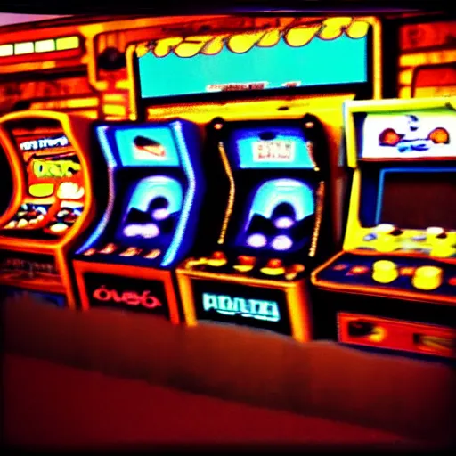 Image similar to beautiful fuzzy phonecamera photograph of an empty 9 0 s arcade