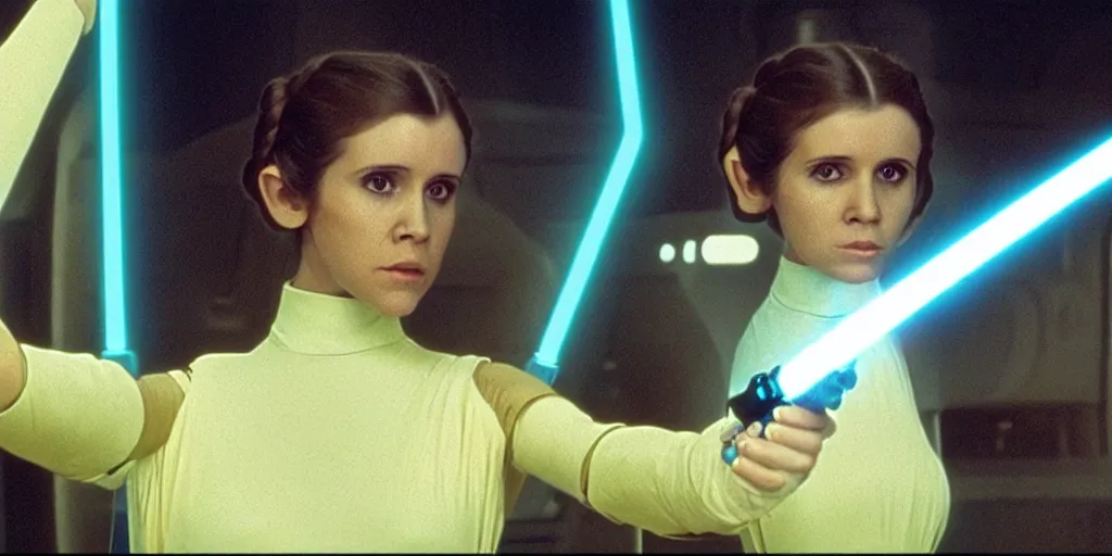 Prompt: screenshot of Princess Leia training to use a yellow lightsaber at a new Jedi Temple scene from The Force Awakens, 1970s film by Stanley Kubrick, serene, iconic scene, stunning cinematography, hyper detailed, sharp, anamorphic lenses, kodak color film, 4k