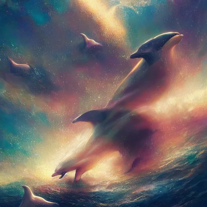 Prompt: glimmering whale, dolphins, cosmos, milky way galaxy, golden hour, god rays, coral reef, dreamscape by artgerm and ruan jia and ismail inceoglu and greg olsen, masterpiece, beautiful, intricate, elegant, highly detailed