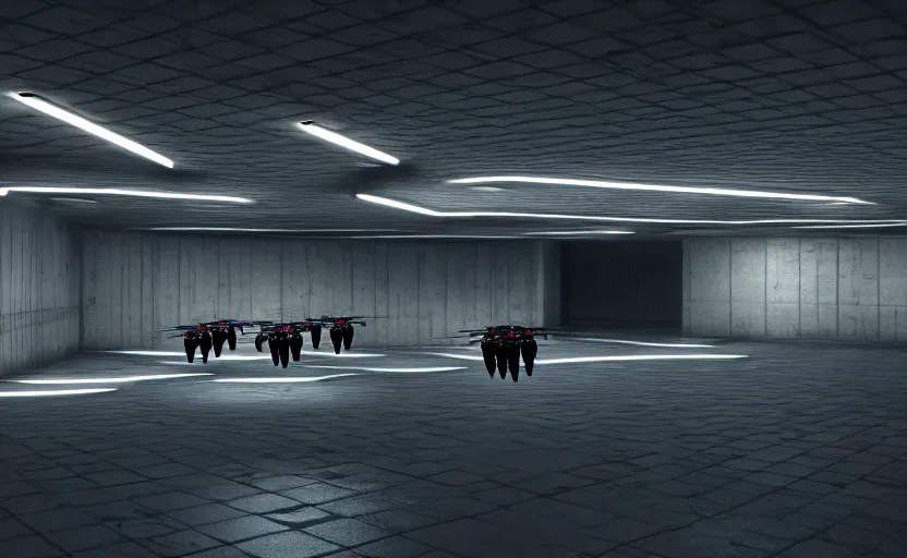 Image similar to Black military quadcopters swarm the wide hallways in a futuristic prison underground, brutalist liminal architecture, sigma 85mm f/1.4, 4k, unreal engine, concept art, trending on artstation, depth of field, high resolution, 4k, 8k, hd, full color