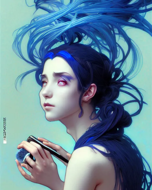 Prompt: portrait of a blue no gender djinn with a microphone, genshin impact, fantasy magic, dark light night, intricate, elegant, sharp focus, illustration, highly detailed, concept art, matte, art by wlop and artgerm and greg rutkowski and alphonse mucha and kidmo, anime, trending on artstation