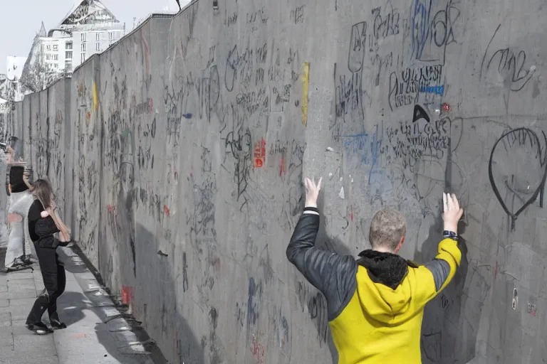 Image similar to people destroying the berlin wall, storyboard style, 3 d