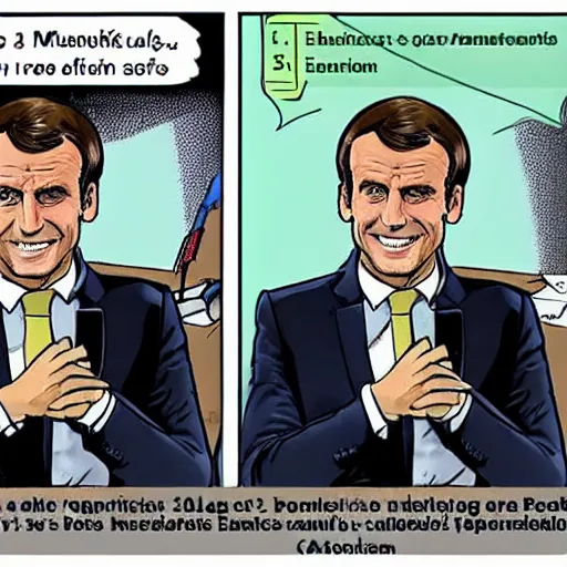 Image similar to emmanuel macron in a comic, presentation of his new program