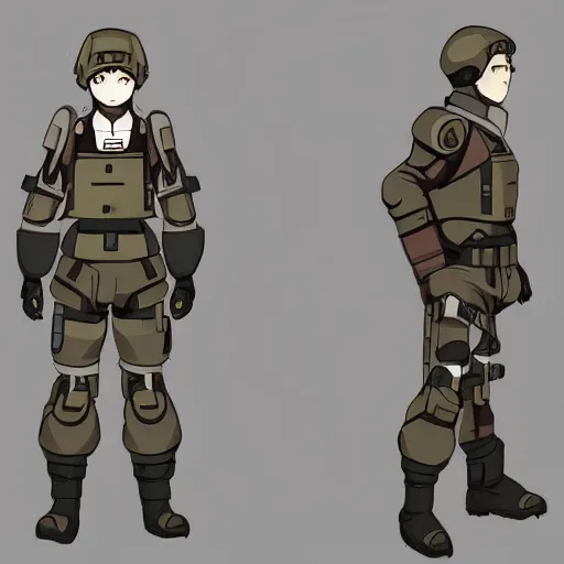 Image similar to Anime military bombsuit protagonist with light brown hair and brown eyes, Key Still, character design, full body shot