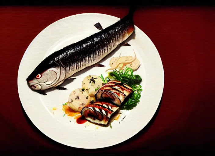 Image similar to a film still portrait of a plate with unagi grilled eel, finely detailed features, closeup at the food, perfect art, at a dinner table, gapmoe yandere grimdark, trending on pixiv fanbox, painted by greg rutkowski makoto shinkai takashi takeuchi studio ghibli, akihiko yoshida