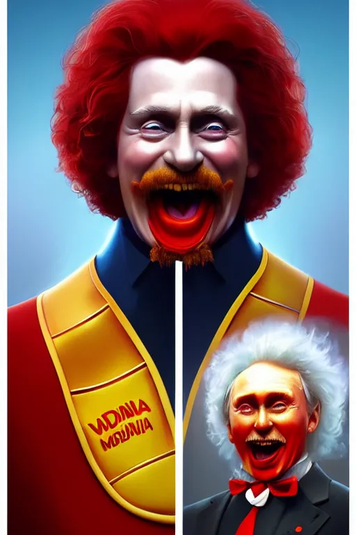 Image similar to vladimir putin as ronald mcdonald, 2 d portrait, symmetrical, highly detailed, digital painting, artstation, concept art, smooth, sharp focus, illustration, cinematic lighting, art by artgerm and greg rutkowski and alphonse mucha