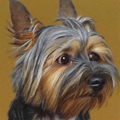 Prompt: brown and gray Yorkshire terrier dog, extremely detailed masterpiece, illustration, by Michael Sowa,