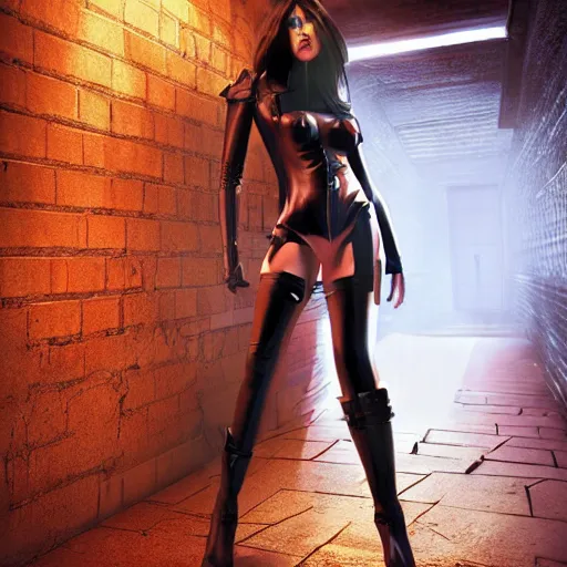 Prompt: a school boy being intimidated by a succubus in a leather suit, devi wings, cracked brick wall, long hallway, light at the end of the tunnel, volumetric lighting, concept art, detailed, dramatic lighting, by wlop, artgerm