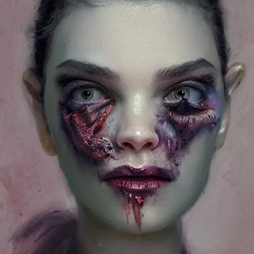 Image similar to expressive oil painting, alien dark fae girlboss based on jennifer connelly mixed with anya taylor - joy, bumpy mottled skin, big black feathered wings instead of arms, body horror, by yoshitaka amano, by greg rutkowski, by jeremy lipkinng, by artgerm, digital art, octane render