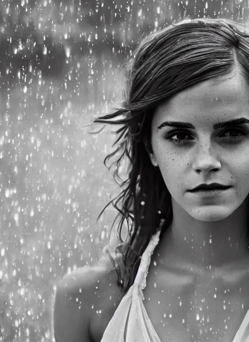 Prompt: Emma Watson for Victorian Secret, perfect face, hot summertime hippie in the rain, psychedelic swimsuit, full length shot, XF IQ4, 150MP, 50mm, f/1.4, ISO 200, 1/160s, natural light, Adobe Photoshop, Adobe Lightroom, DxO Photolab, Corel PaintShop Pro, rule of thirds, symmetrical balance, depth layering, polarizing filter, Sense of Depth, AI enhanced