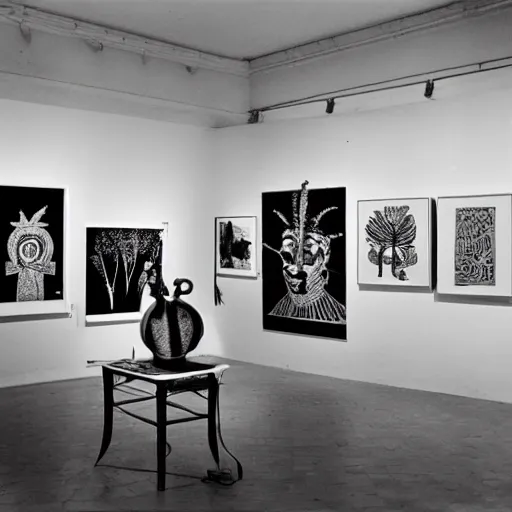 Image similar to A black and white photography in sérigraphie of an exhibition space with works of Sun Ra, Marcel Duchamp and tropical plants - W 1280