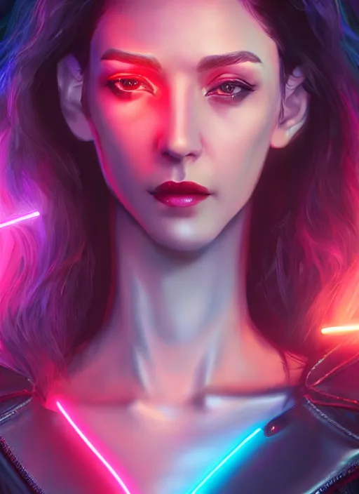 Image similar to pretty young woman with shoulder length shiny shimmering dark red hair and wearing a stuffed leather jacket with the glow of neon lights illuminating her, path traced, highly detailed, high quality, digital painting, by cd projekt red, cyberpunk,