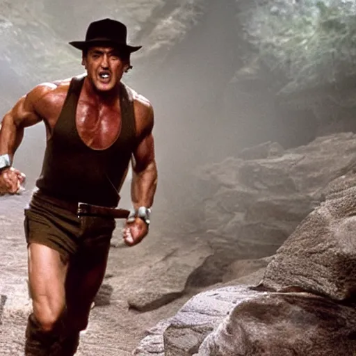 Prompt: sylvester stallone as indiana jones, running in a cave full of traps