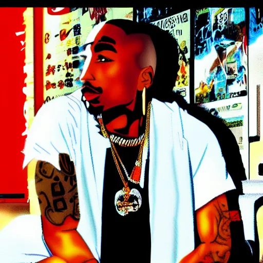 Image similar to Tupac Shakur, screenshot from a 2012s anime