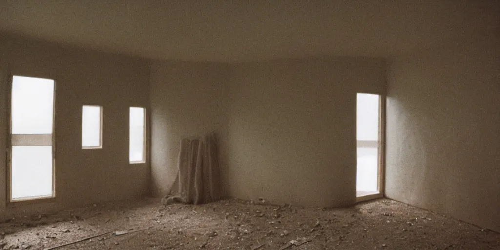 Image similar to interior of a house built on nothing, eerie vibe, leica, 2 4 mm lens, cinematic screenshot from the 2 0 0 1 surrealist film directed by charlie kaufman, kodak color film stock, f / 2 2, 2 4 mm wide angle anamorphic