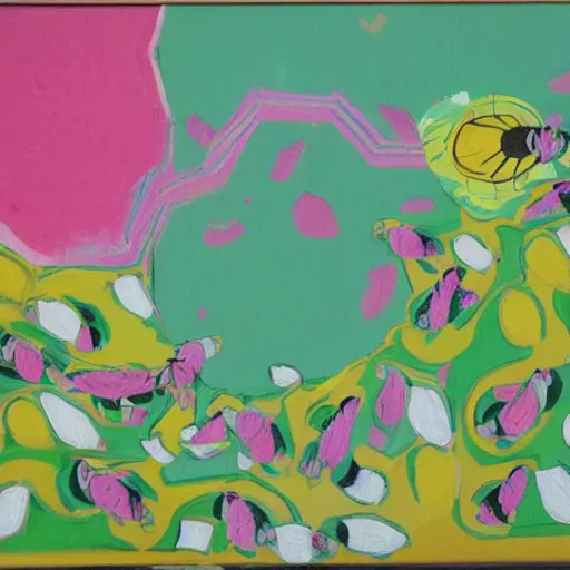 Prompt: a white beehive that has an abstract painting in pink and lime green on it painted by children, bees