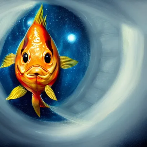 Prompt: a photorealistic portrait of magikarp, it has yellow hair and a beautiful unconventional face, deep space in the background, elegant, highly detailed, digital painting, artstation, realism, concept art, pop, smooth, mythological, sharp focus, qualia, illustration, art by mark ryden 3 d 8 k ultra detailed