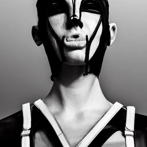 Image similar to fashion photography of an extraterrestrial model with opened mouth, wearing demobaza fashion, inside berghain, berlin fashion, harness, futuristic fashion, dark minimal outfit, photo 3 5 mm leica, hyperdetail, berghain, 8 k, very detailed, photo by nick knight
