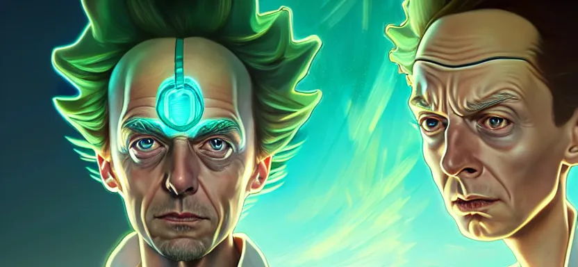 Image similar to ultra realistic illustration, handsome rick, handsome morty. going into green portal, intricate, highly detailed, digital painting, artstation, concept art, smooth, sharp focus, illustration, art by artgerm and greg rutkowski and alphonse mucha and wlop