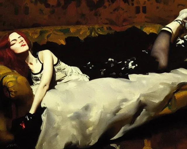 Image similar to A punk girl lying on a sofa, cinematic lighting, oil painting by John Singer Sargent