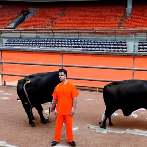 Image similar to bull wearing orange inmate clothes in a bullring stadium in pamplona