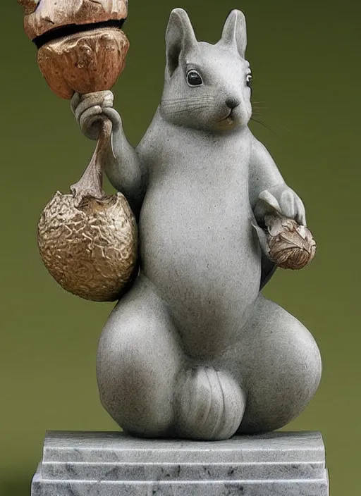 Image similar to A marble statue of a squirrel holding an acorn in the style of Statue of Liberty. museum photo