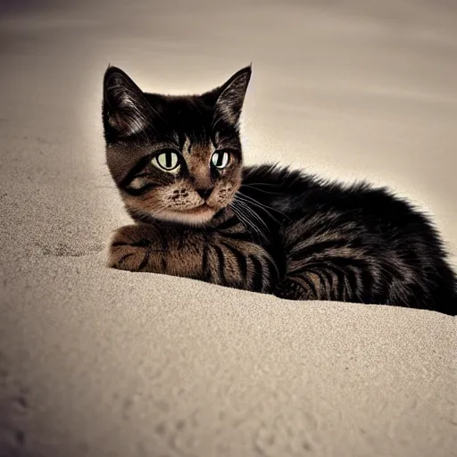 Prompt: realistic photo of a cute cat chilling out on the beach