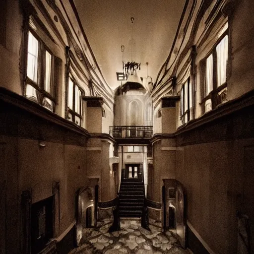 Image similar to grad budapest hotel in a haunted style