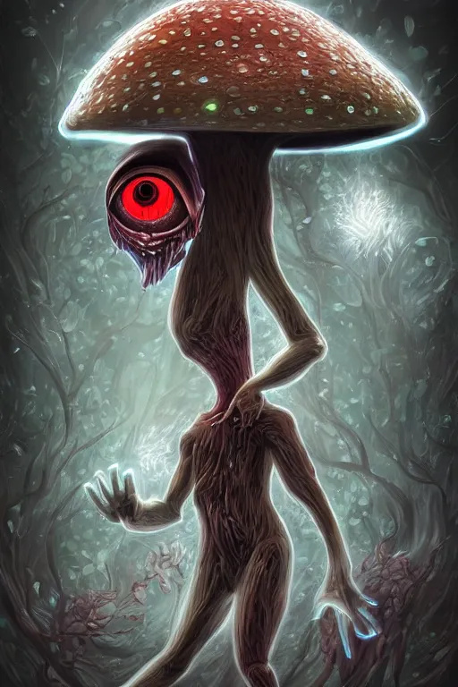 Image similar to a humanoid figure mushroom monster with large glowing eyes, highly detailed, digital art, sharp focus, trending on art station, fungus spores, anime art style