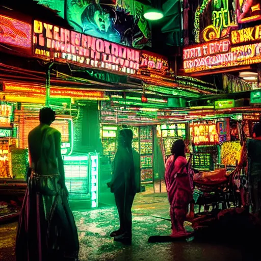 Image similar to cyberpunk black indian market, indoor in the style of blade runner, stands illuminated by greens neon lights, crowded with cyborgs photorealistic, 3 5 mm, grainy ruined film, dark color scheme, ray tracing, unreal engine, 4 k