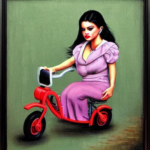 Image similar to Selena Gomez on a tricycle, lowbrow painting by Mark Ryden