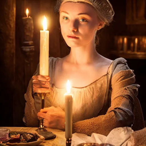 Image similar to young attractive beautiful scandinavian woman wearing 1 8 th century stay in a medieval tavern at night with candles, wow 4 k detail fantasy, matte painting, realistic materials, photo realistic, postprocessing, cinematic, hyperrealistic, studio lighting, ekaterina, the tudors, photography by richard jenkins