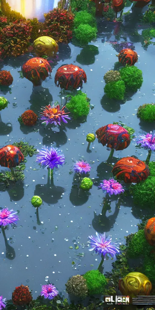 Image similar to alien flowers on a groovy biome warner bros, smooth, cinematic, wet reflections, ray tracing x, rtx, smooth