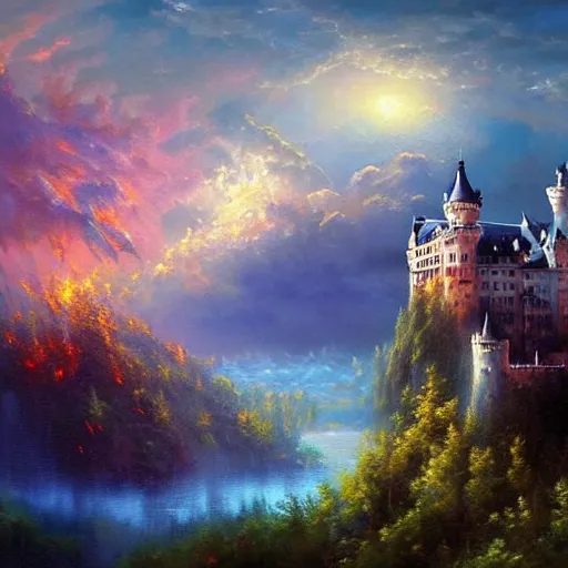 Prompt: highly detailed fantasy art, scene of HD innate artstation style, artstation form, castle neuschwanstein floating in the sky, surrounded by clouds, surreal dreamscape, painting by paul lehr and mark Keathley