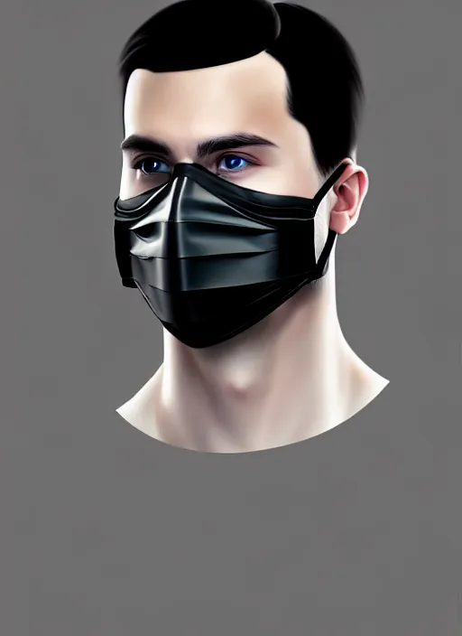 Image similar to handsome young man with black medical mask, half body shot, path traced, highly detailed, high quality, digital painting, by daniel sprick