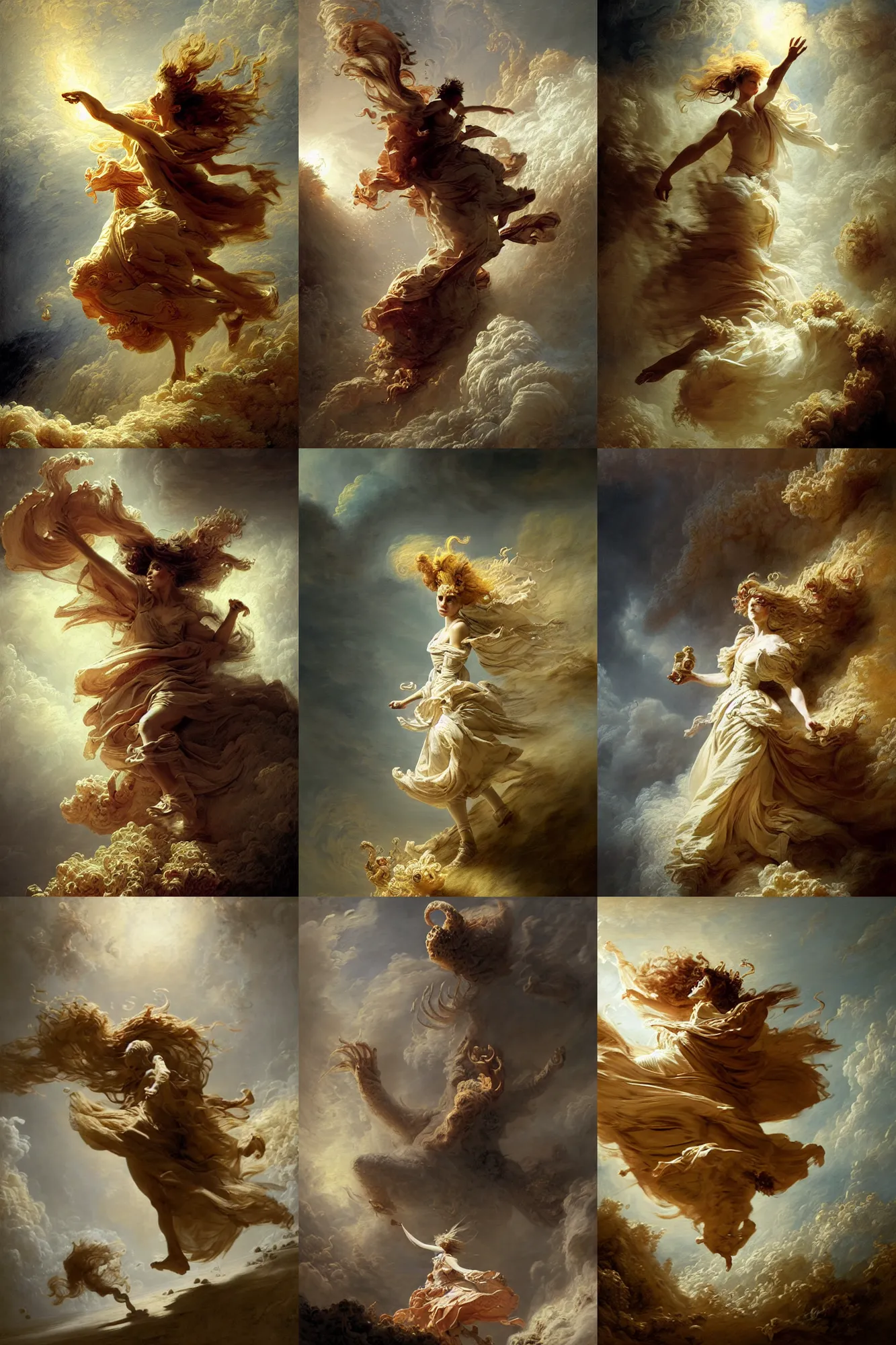 Prompt: alchemist transforming into monster, windy, stoic, is ( ( with arms half lifted toward us ) ). light dust, magnificent, hyperdetailed, theatrical, close up, masterpiece, painted by jean honore fragonard and greg rutkowski