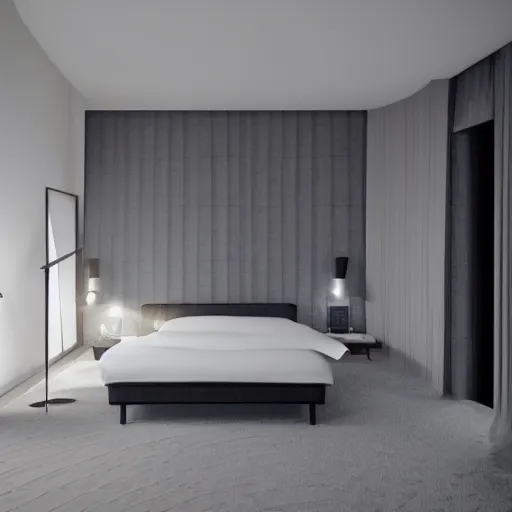 Prompt: symmetry, parallax mapping of brutalist bedroom, minimalist architecture, minimalist furniture, octane render, high quality