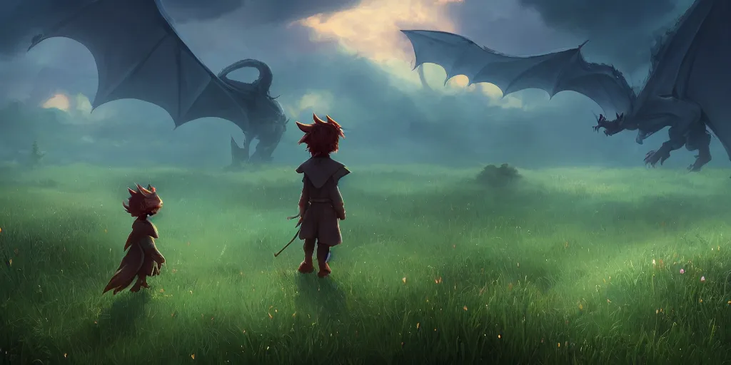 Image similar to A dragon stands in the middle of a meadow, dark atmosphere, mattepainting concept Blizzard pixar maya engine on stylized background splash comics global illumination lighting artstation lois van baarle, samwise didier, rossdraws